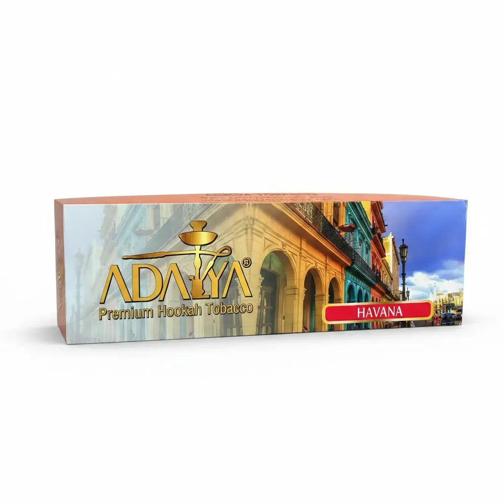 A rectangular box of ADAYA Premium Hookah Tobacco, flavor HAVANA, featuring a colorful architectural street scene on the front with gold brand lettering and a red flavor label.