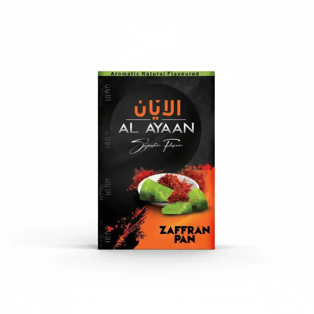 A boxed product labeled AL AYAAN Zaffran Pan, shown upright on a light gray background. The package is predominantly black with orange and white text, plus a small food photo near the bottom and a green strip at the top.