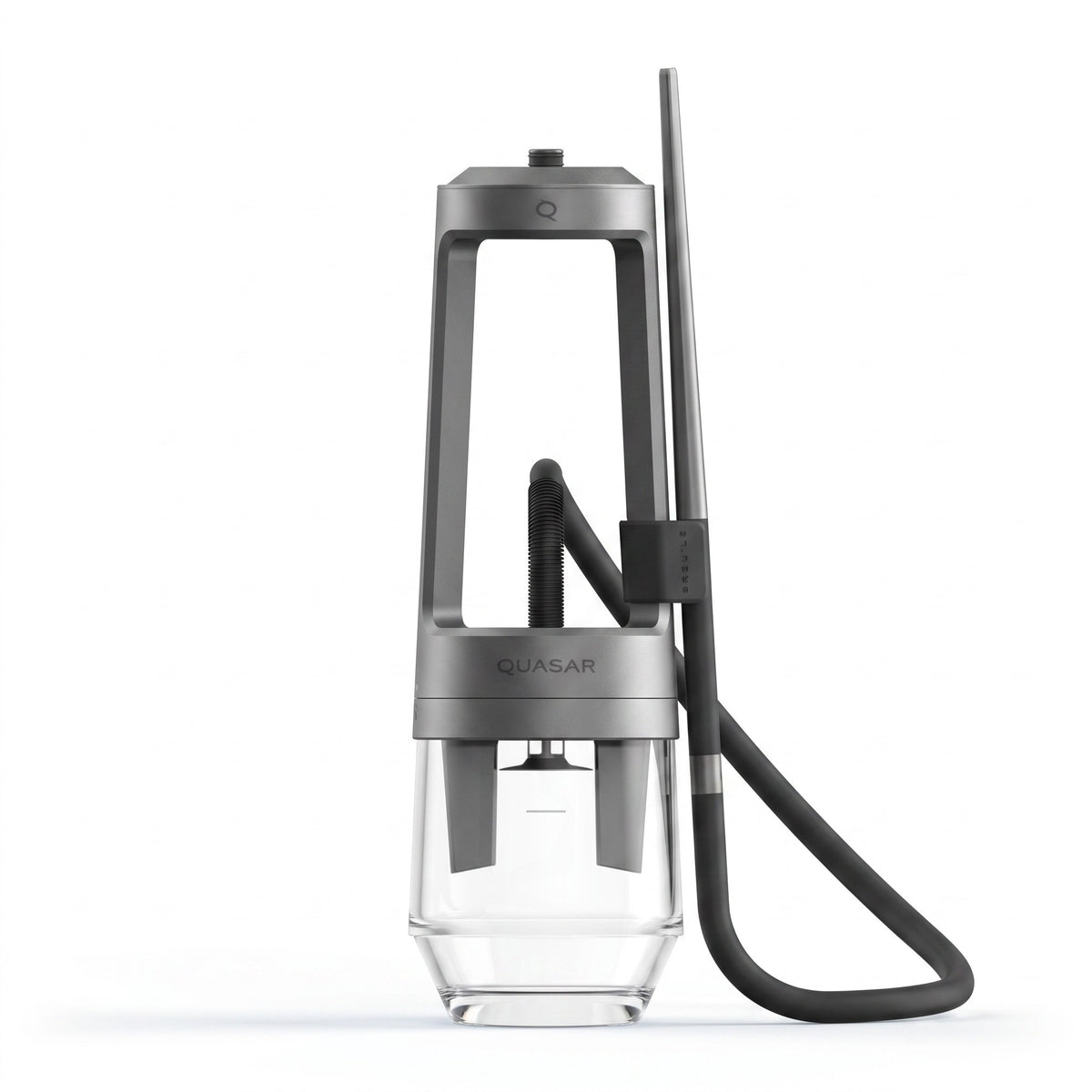 Hookah N Flavour Quasar Arguile silver hookah with twin-downstem design, glass vase, and matching Jabed 2 mouthpiece.