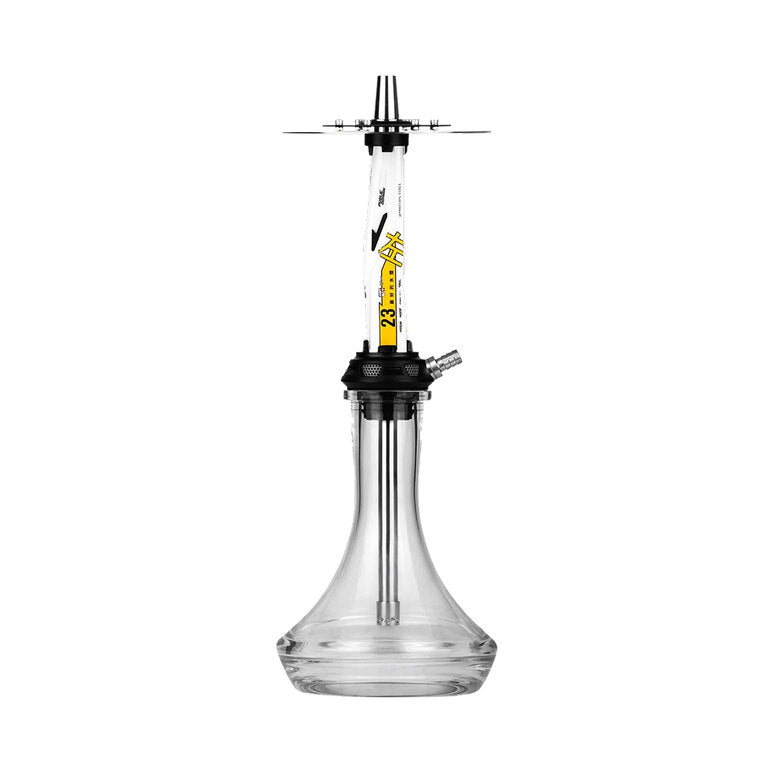 Moze Amotion Valve AM23 Hookah white and yellow full view with glass base
