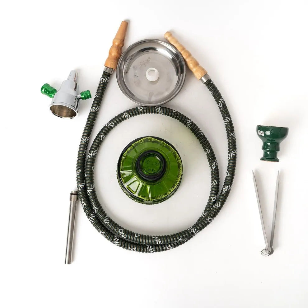 MYA Bacci Original Hookah 9.5 inch with glass base, metal stem, ceramic bowl and leather-coated hose