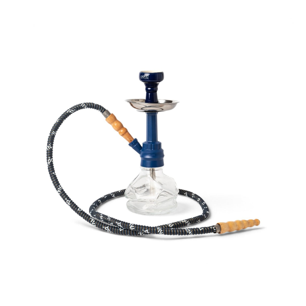 Buy MYA Chico Original Hookah 13 inch with acrylic X-function stem, transparent glass base, ceramic bowl and leather-coated hose.